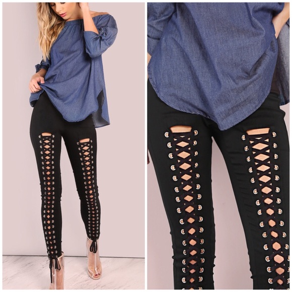 Pants - Black Lace-Up Corset Grommet Skinny Leggings Pants